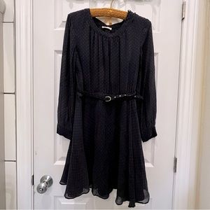 Navy belted dress with pink triangles